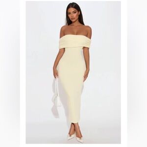 Butter Yellow Off-Shoulder Ribbed Dress